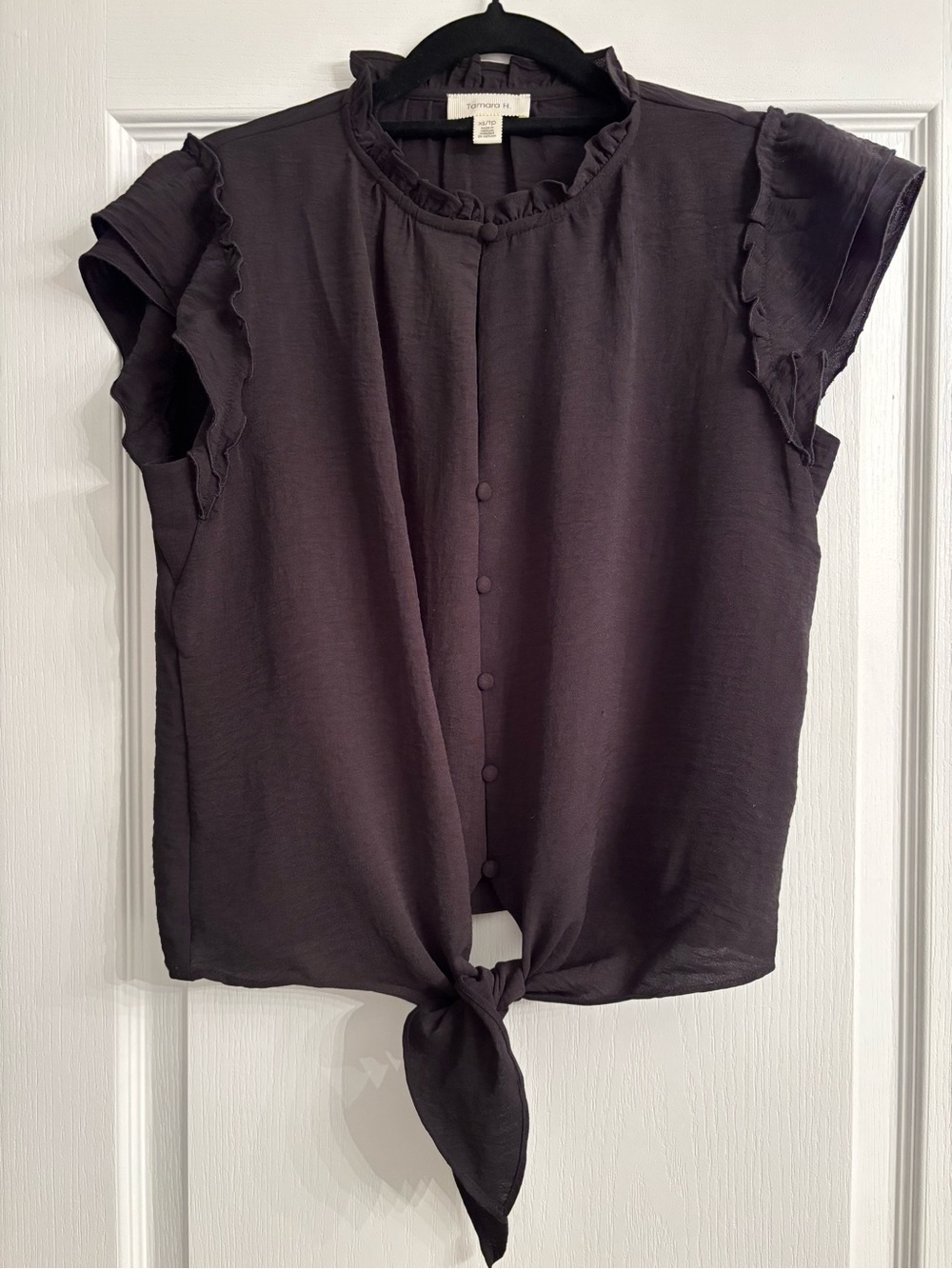 TAMARA H Tie-Front Ruffle Sleeve Blouse in Black